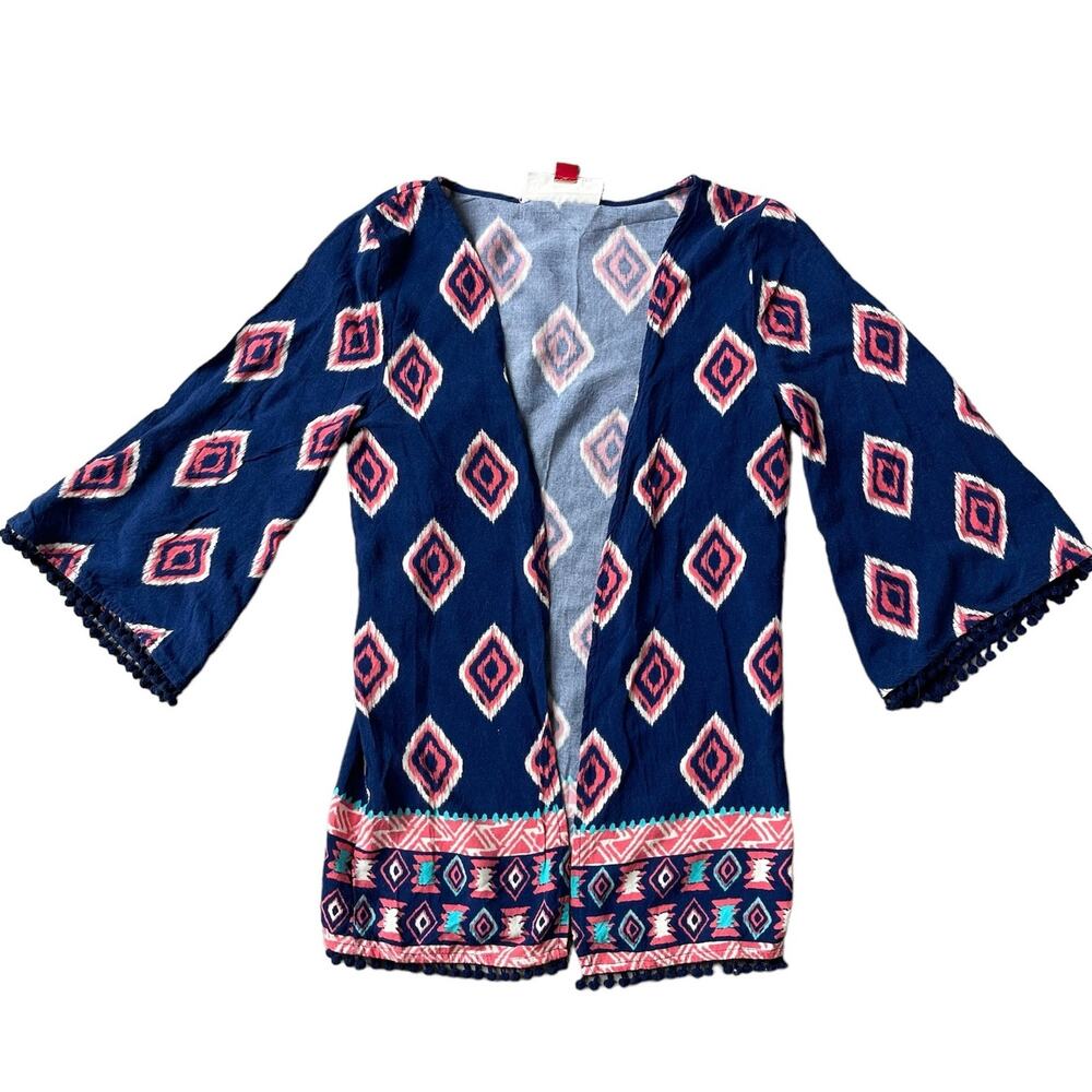 Girls M Red Camel Navy Blue Pink Pom Pom Aztec Open Long Sleeve Cardigan Kimono
